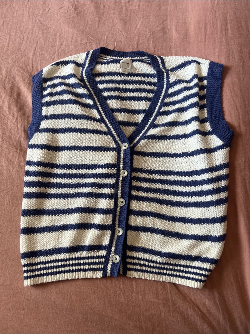 Maeve Blue and Cream Striped Knit Vest with Button Front